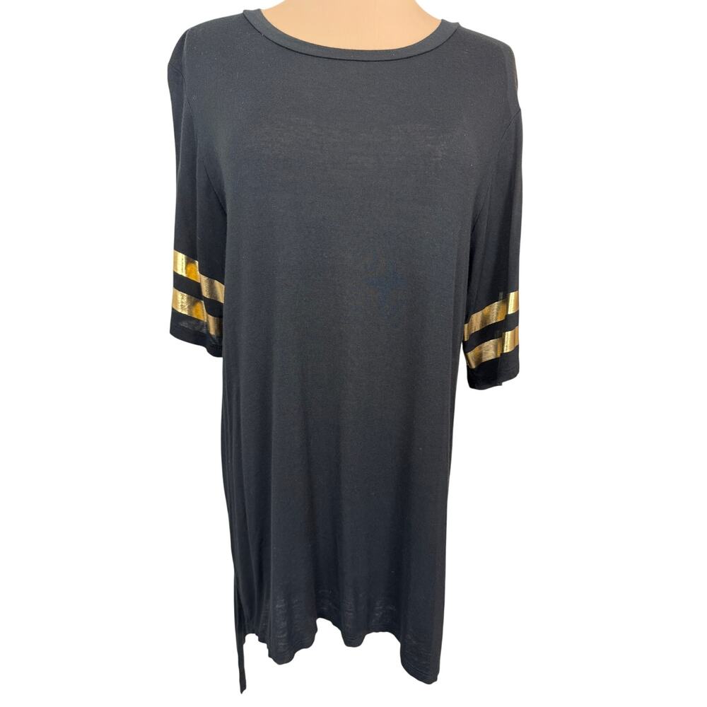 Ginger G Black Tunic Top Womens Large Gold Foil Sleeve Stripes Soft Jersey Tee